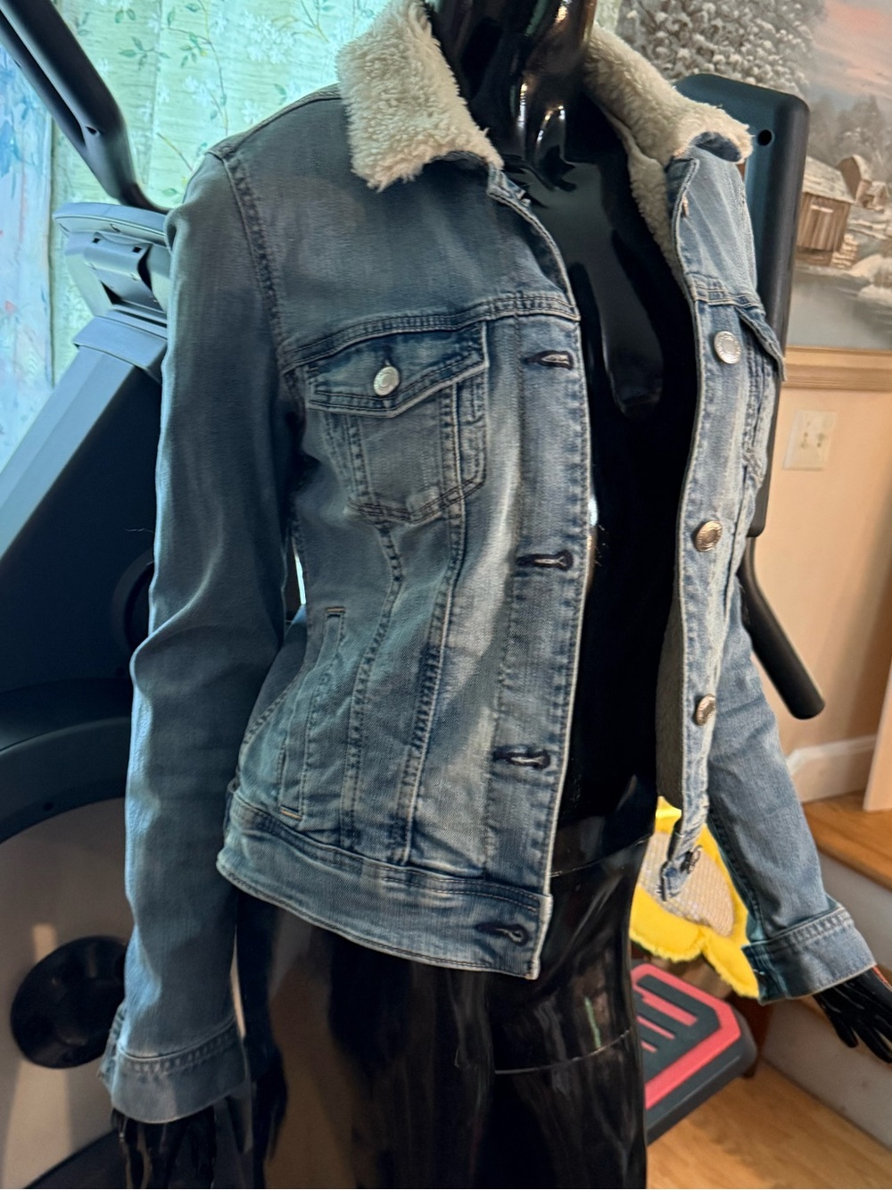 American Eagle Outfitters Blue Denim Jacket with Cream Sherpa Collar